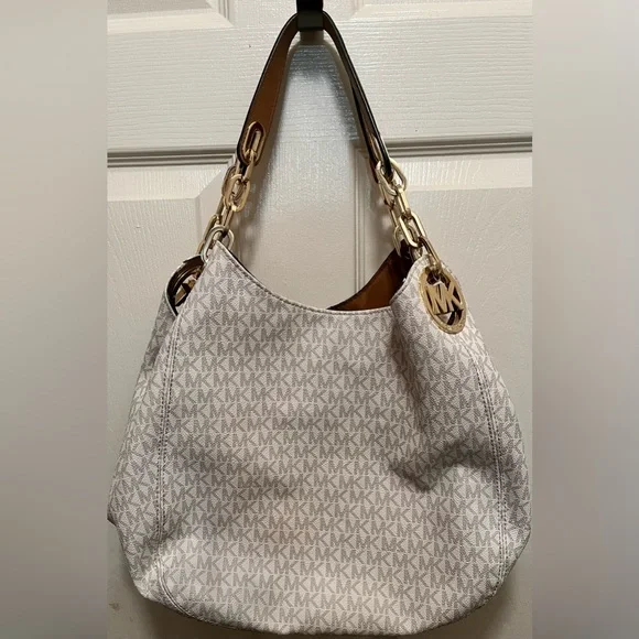 Michael Kors Cream and Brown Logo Shoulder Bag - Picture 1 of 12